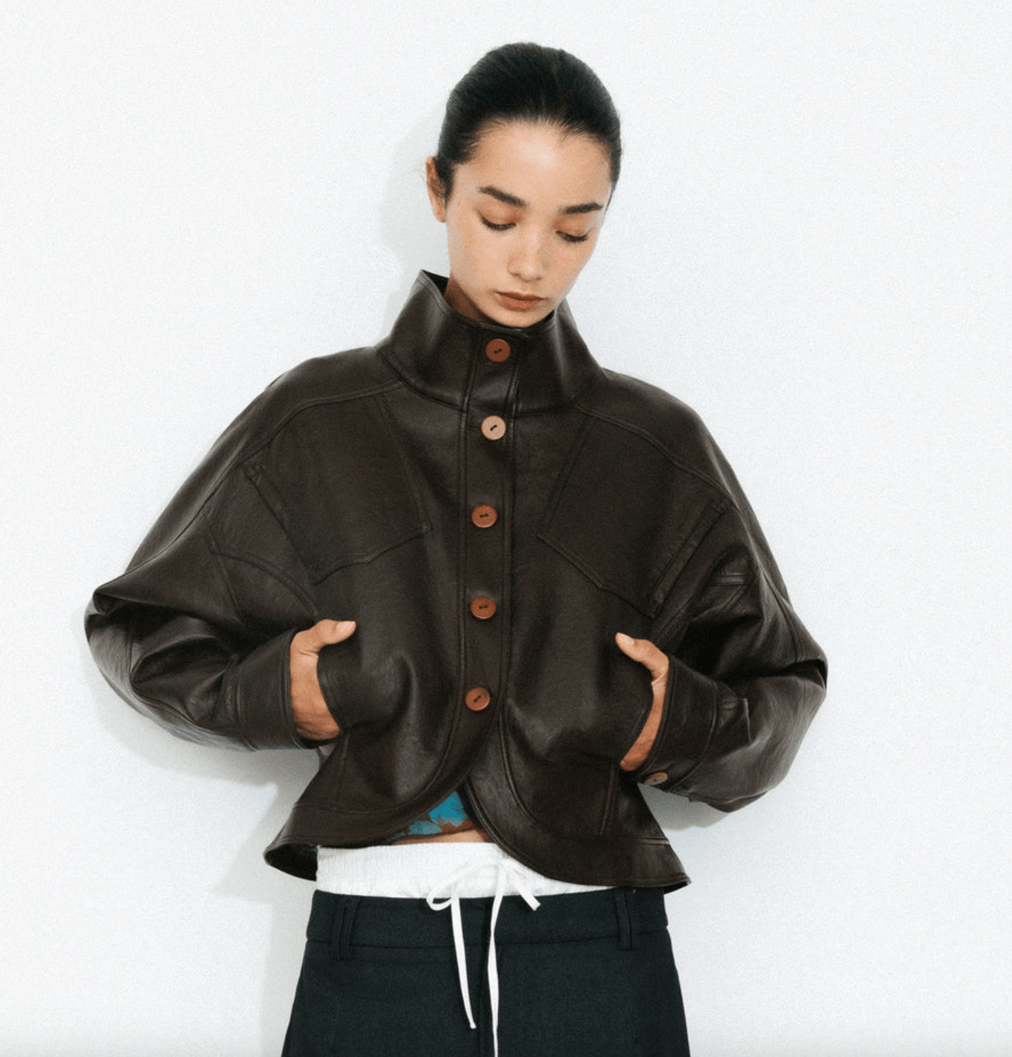 Curved Sleeve Faux Leather Jacket - Detour Boutiques