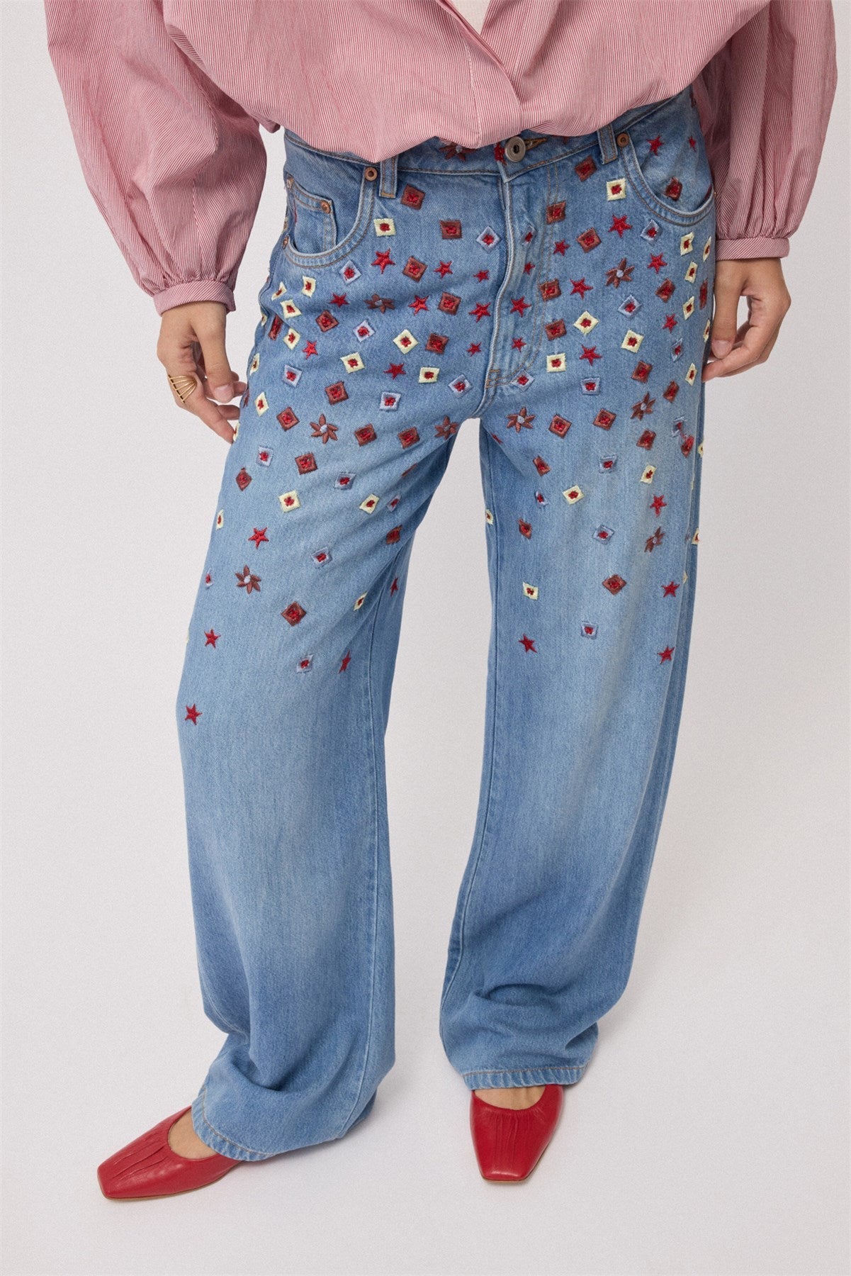 Embroidered Full Leg Jeans - Detour Boutiques