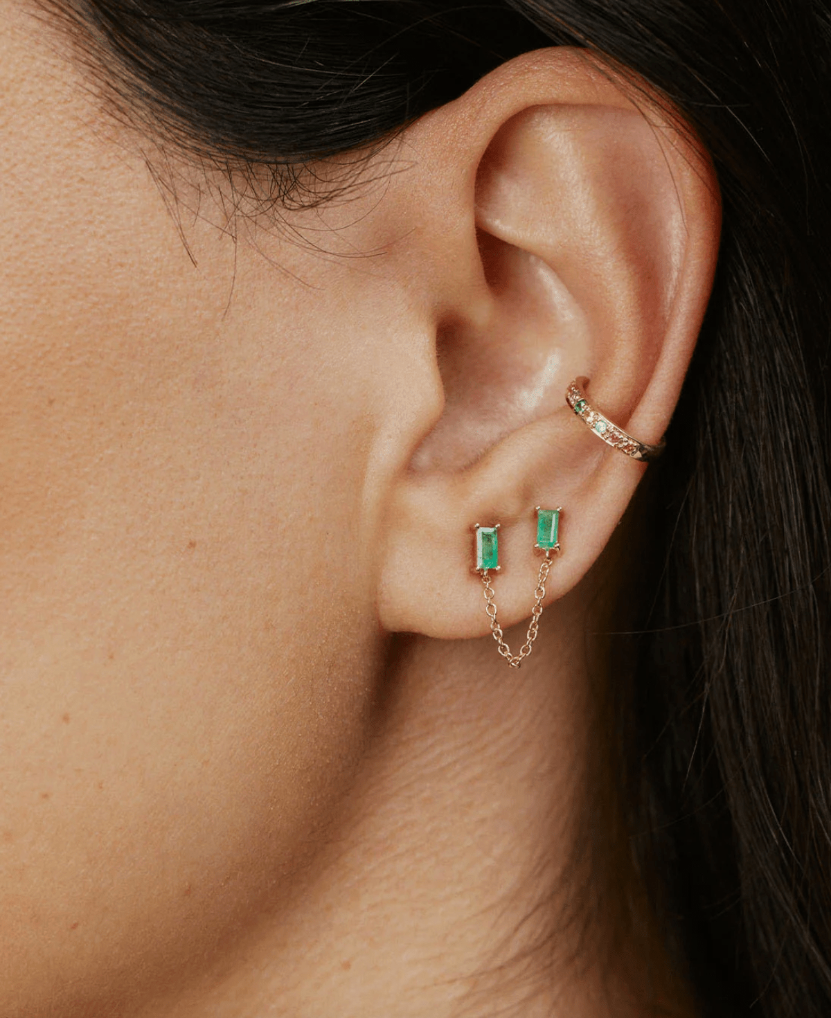 Emerald Baguette Chain Stud - Detour Boutiques