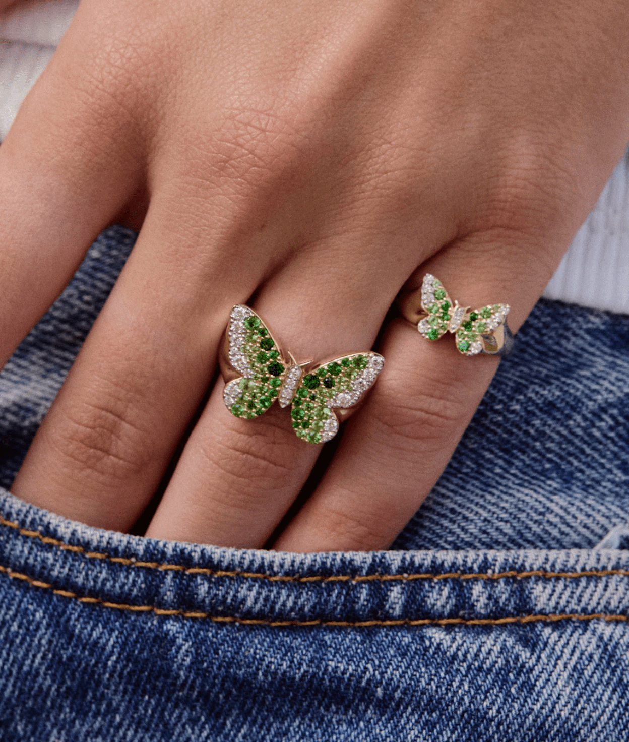 Mini Green and Diamond Ombré Butterfly Pinky Ring - Detour Boutiques