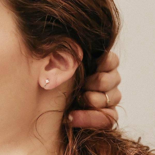 Ofina Jewelry - 10k Solid Gold CZ Square Prong Huggie Studs - Detour Boutiques