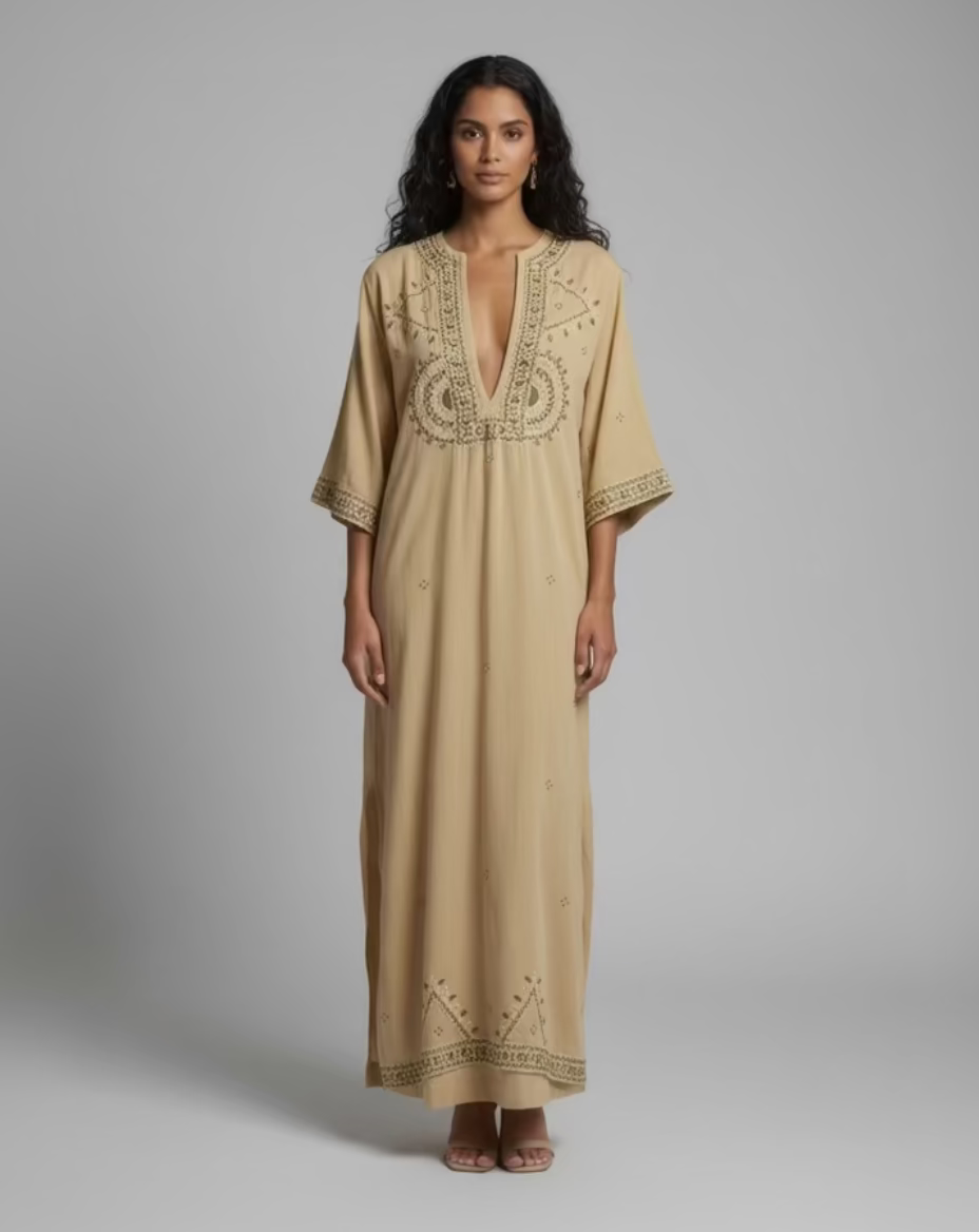 Woman wearing a beige embroidered dress against a gray background