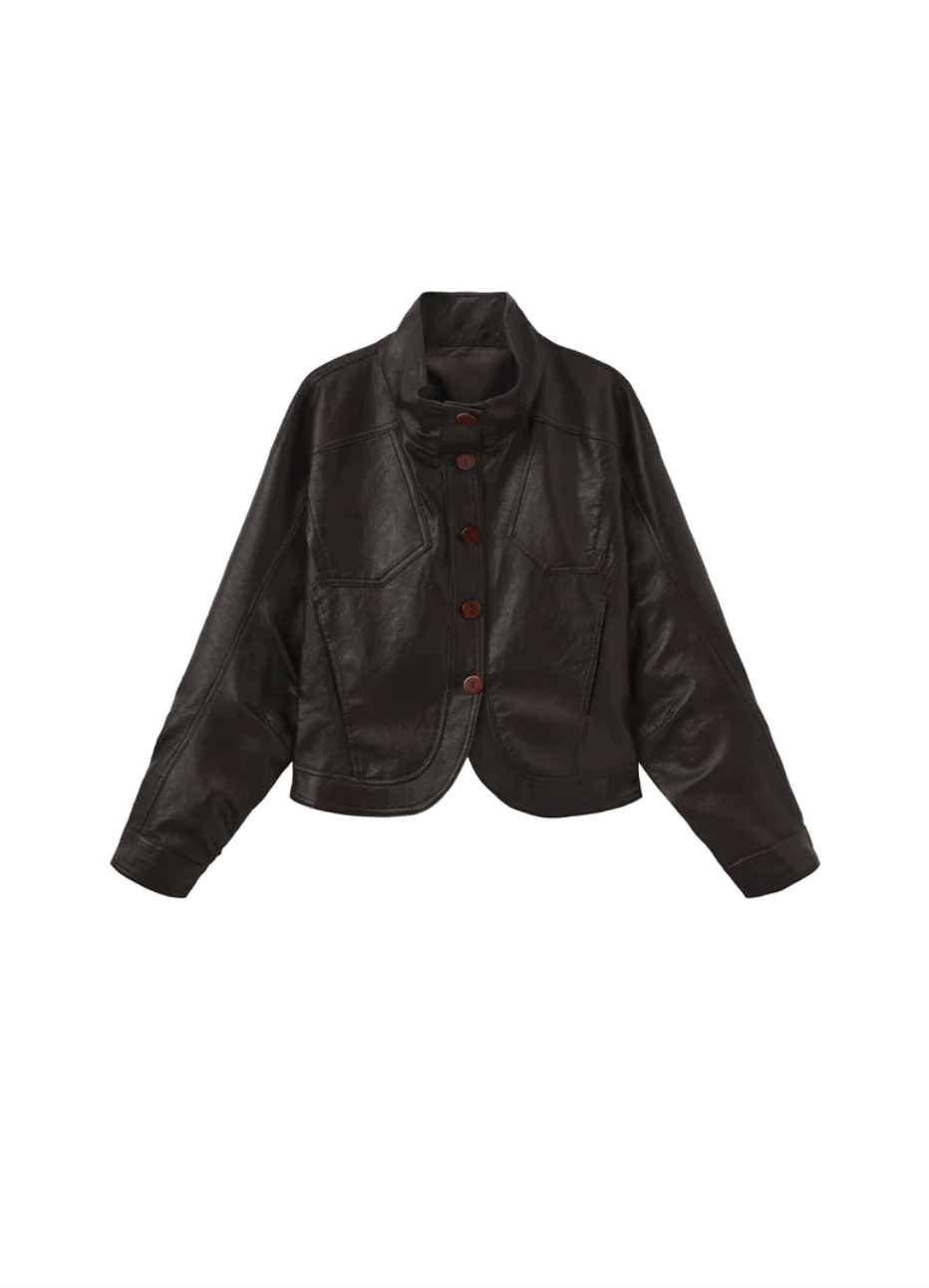 Curved Sleeve Faux Leather Jacket - Detour Boutiques