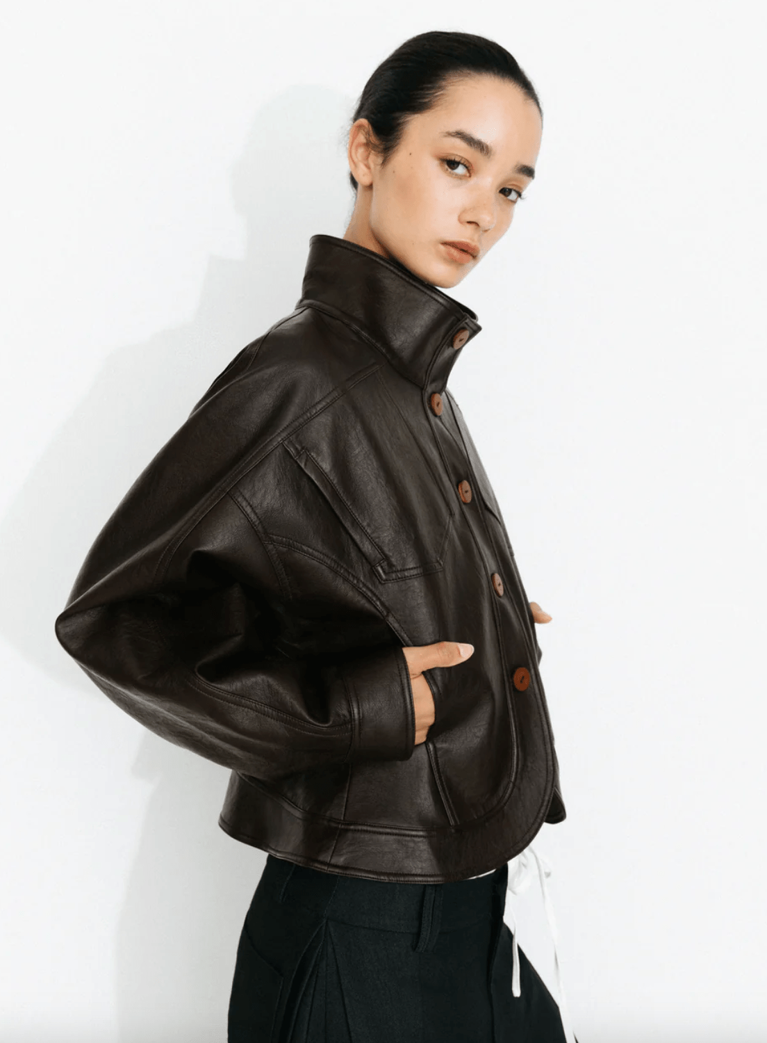 Curved Sleeve Faux Leather Jacket - Detour Boutiques