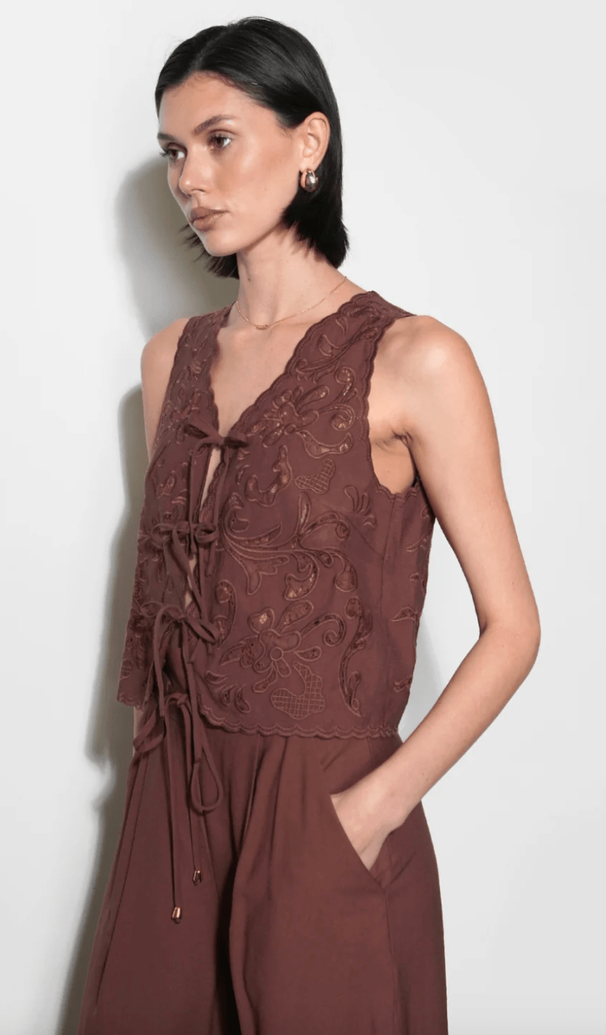 Faye Embroidered Tie Front Vest - Detour Boutiques