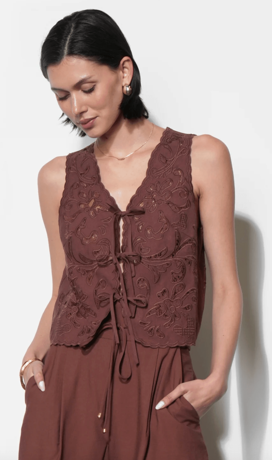 Faye Embroidered Tie Front Vest - Detour Boutiques