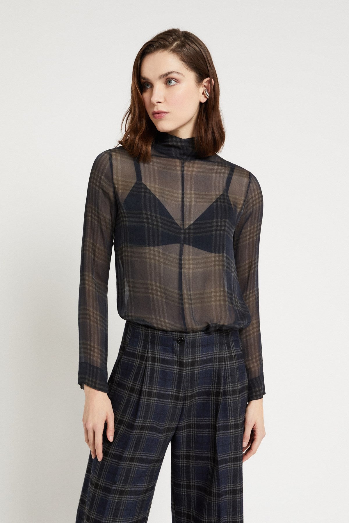 Sheer Plaid Viscose Blouse - Detour Boutiques